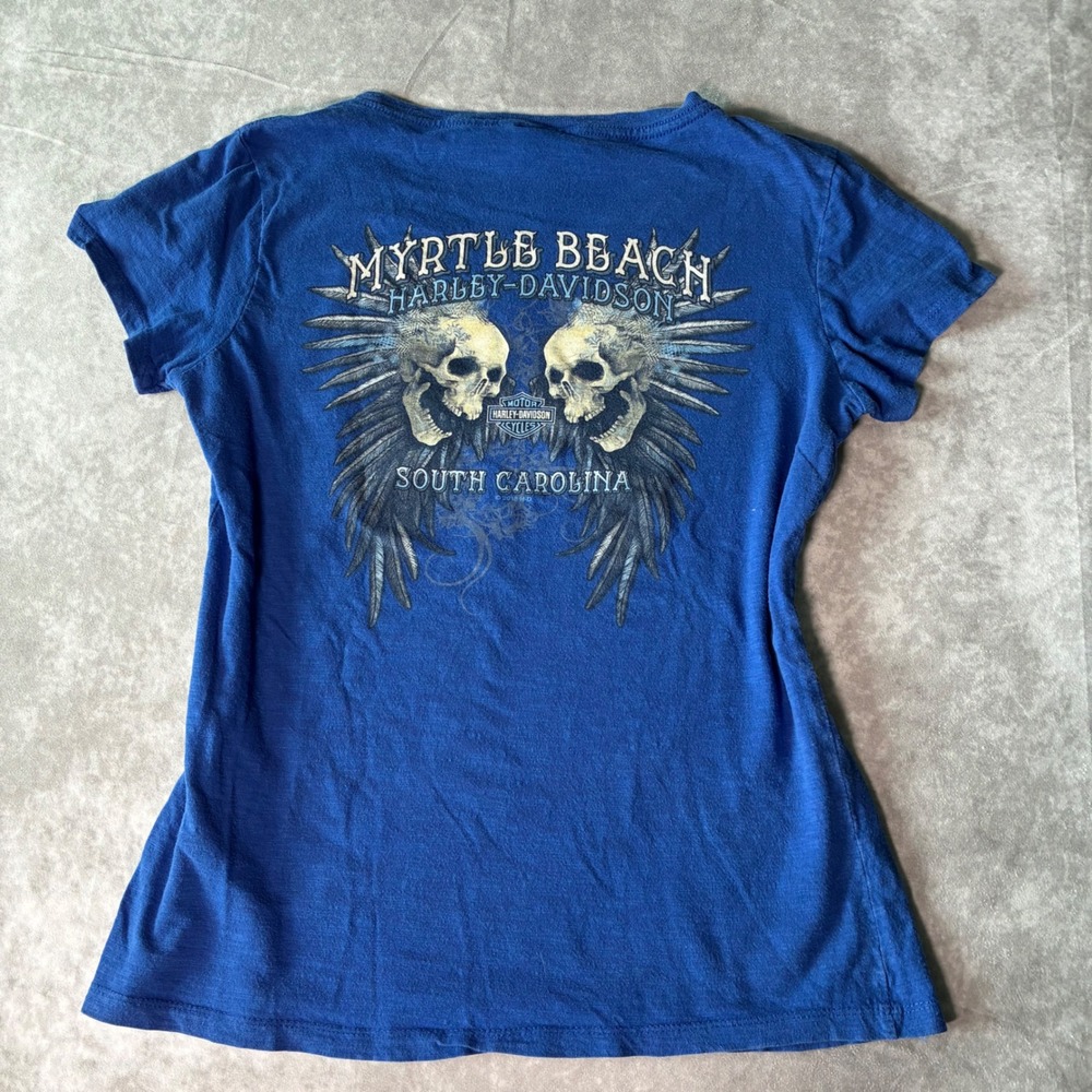 Y2K Harley-Davidson Myrtle Beach SC Blue V-Neck T-Shirt Skulls Wings Small